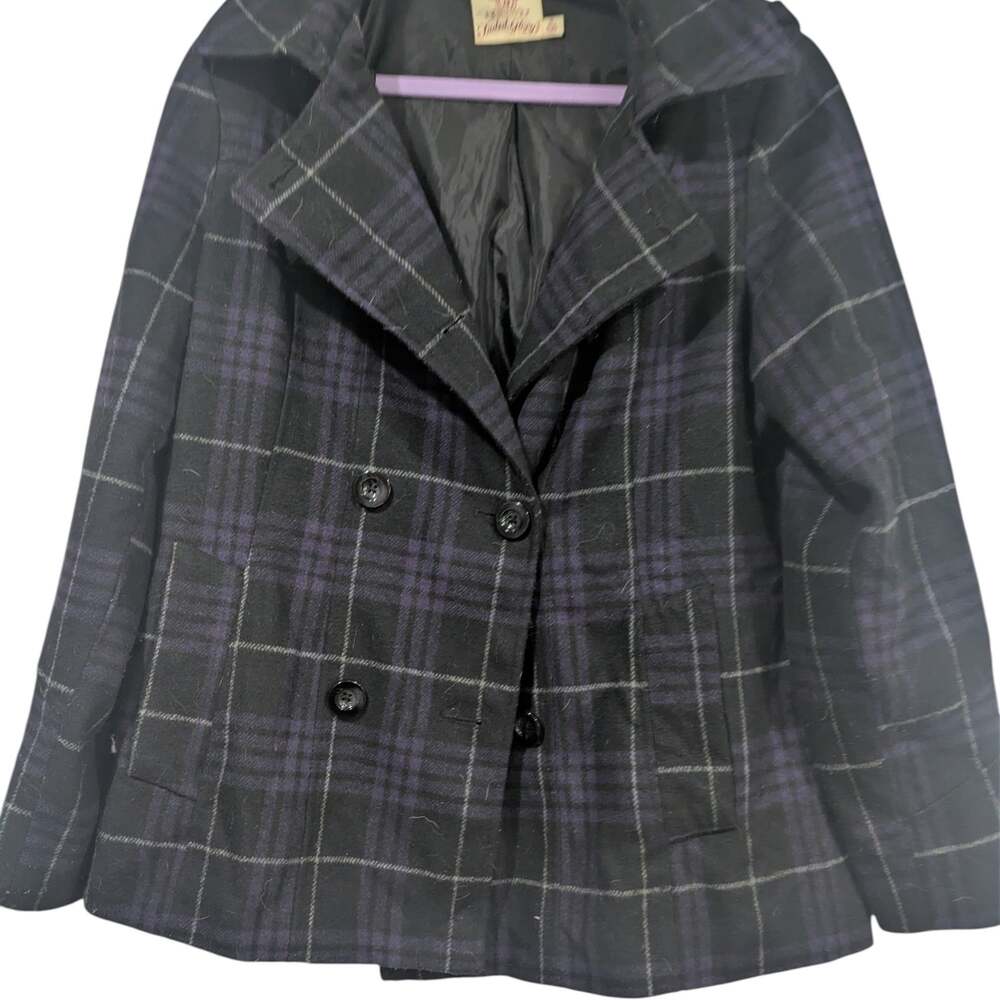 Faded Glory Women's Black and Purple Plaid Double Breasted Pea Coat